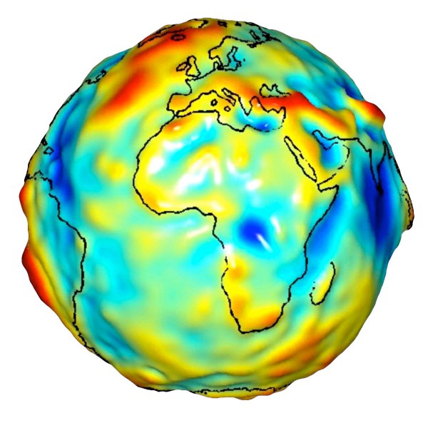 Le géoïde : la Terre représentée avec des bosses et des creux colorés selon la gravité