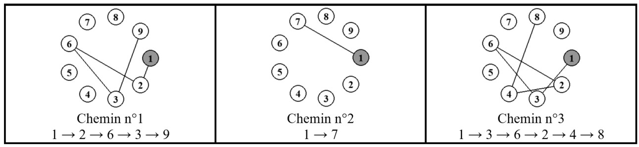 Figure 2. Trois chemins non prolongeables possibles en partant du nombre 1